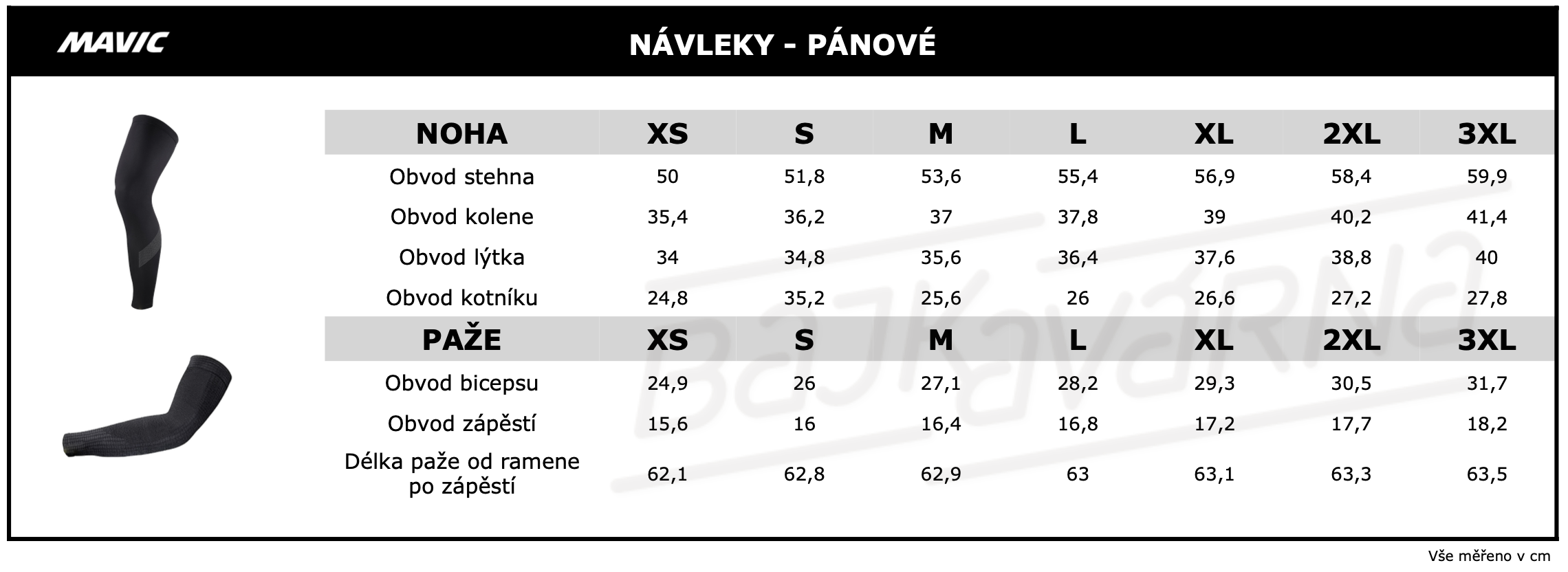 MAVIC - návleky pánové velikostní tabulka